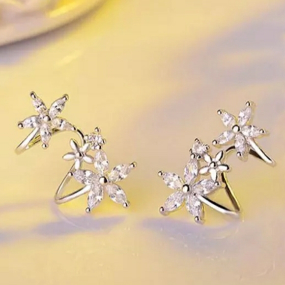 NEW 925 STERLING SILVER PLATE DIAMOND FLOWER CUFF - Picture 2 of 4